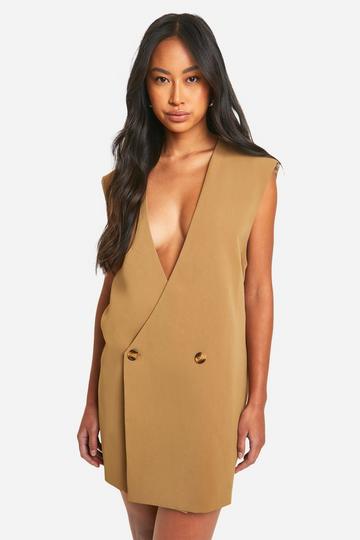 Camel Beige Sleeveless Oversized Blazer Dress