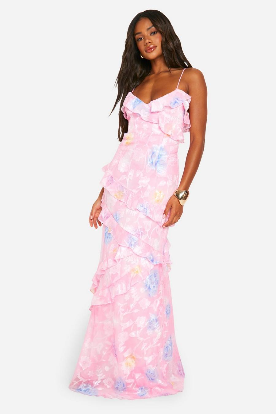 Pink Jacquard Ruffle Maxi Dress