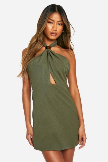 Linen Look Metal Cut Out Mini Dress khaki