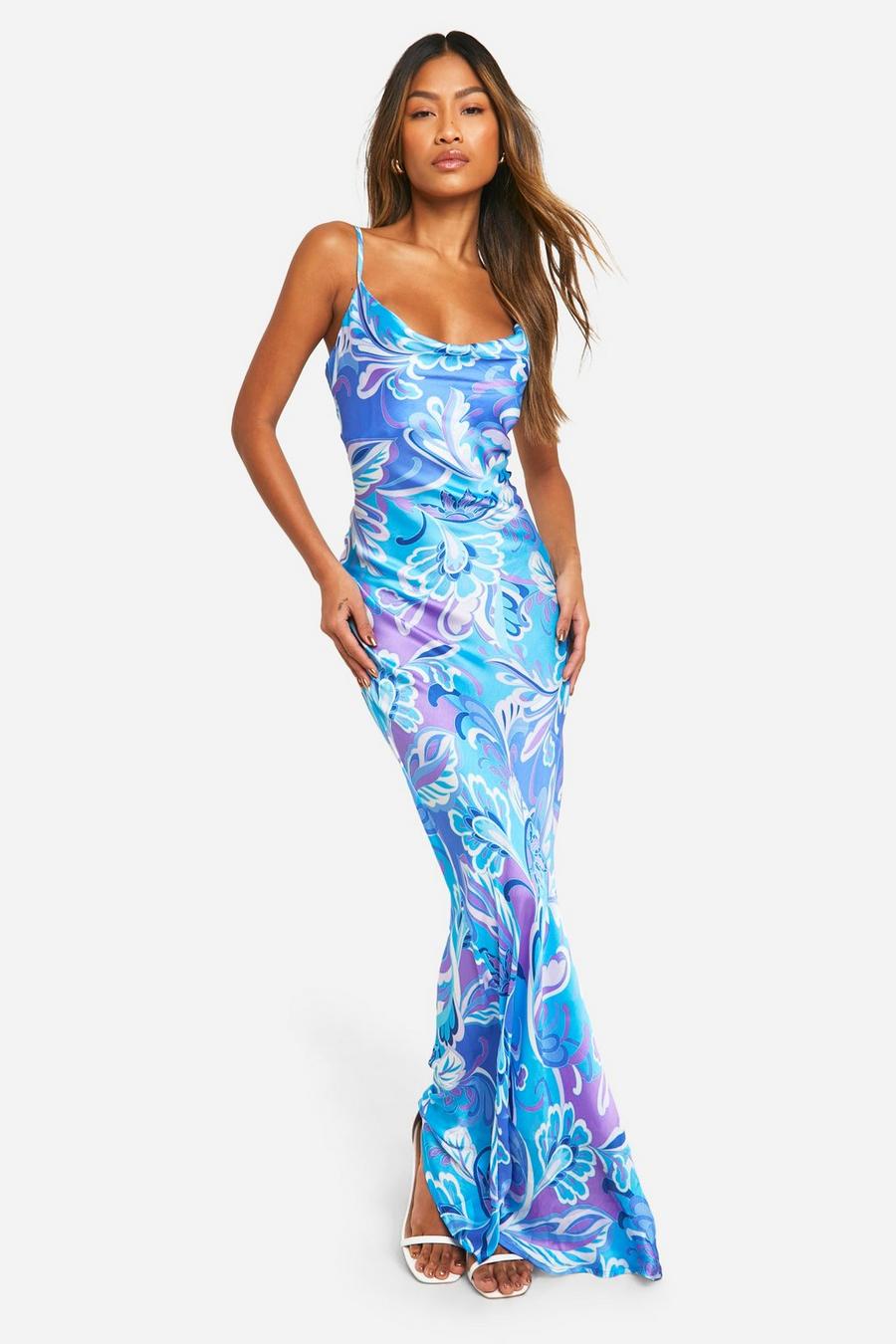 Blue Paisley Strappy Cowl Neck Maxi Dress image number 1