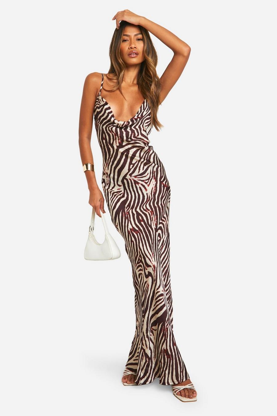 Brown Zebra Strappy Cowl Neck Maxi Dress
