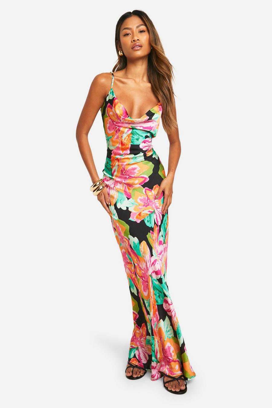 Black Bright Floral Strappy Cowl Neck Maxi Dress image number 1