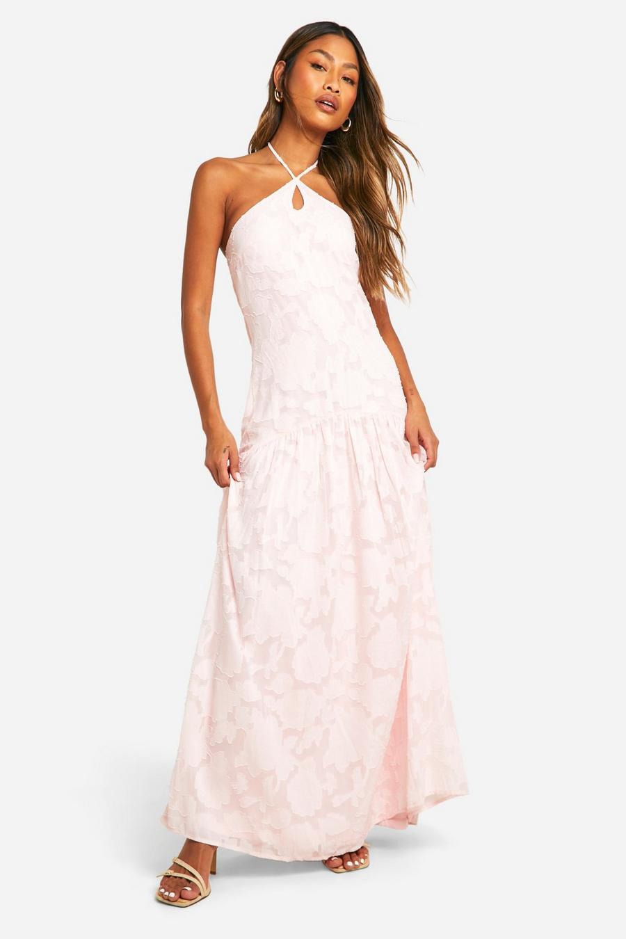 Pink Textured Floral Halterneck Maxi Dress