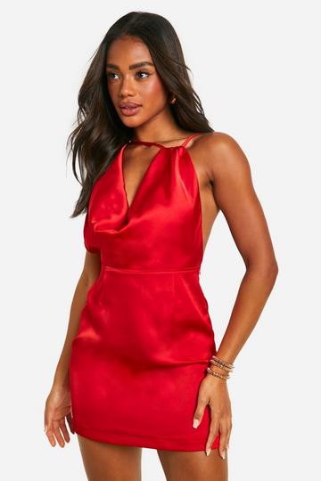 Red Satin Cowl Front Mini Dress