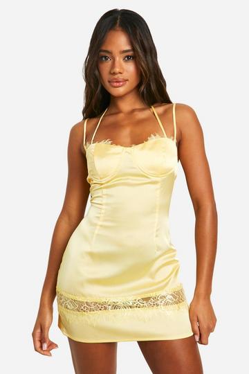 Lemon Yellow Satin Lace Cup Mini Dress