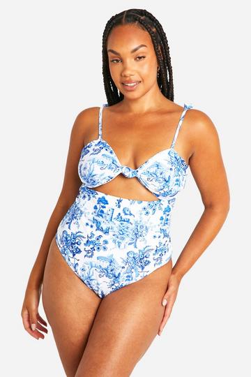 Plus Porcelain Print Tie Shoulder Swimsuit blue