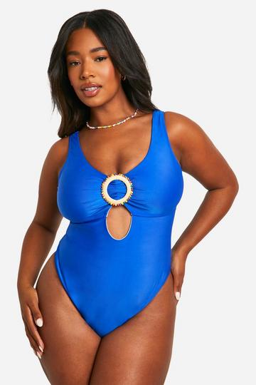 Plus Beaded Trim Scoop Neck Swimsuit cobalt