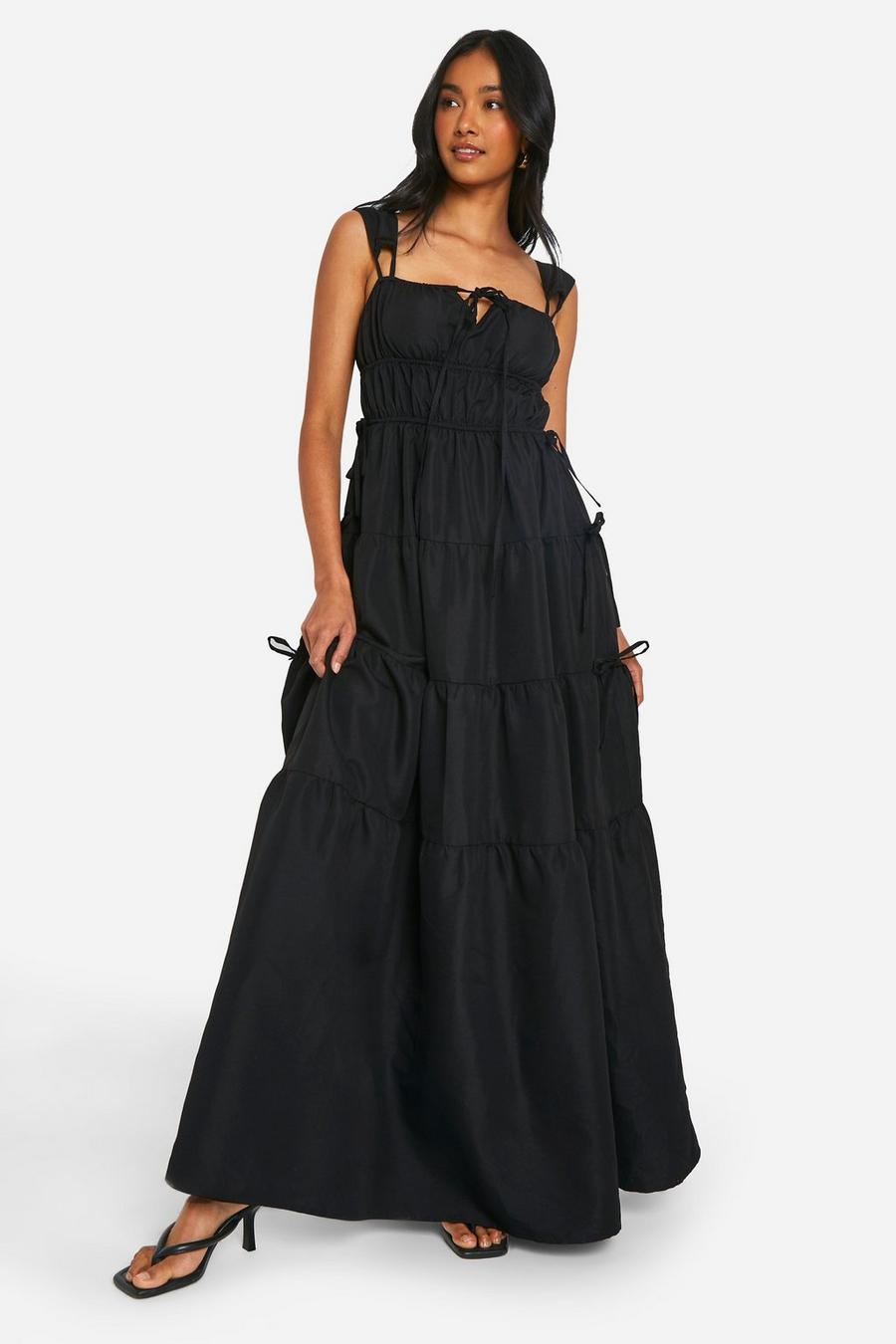 Black Shirred Tiered Maxi Dress