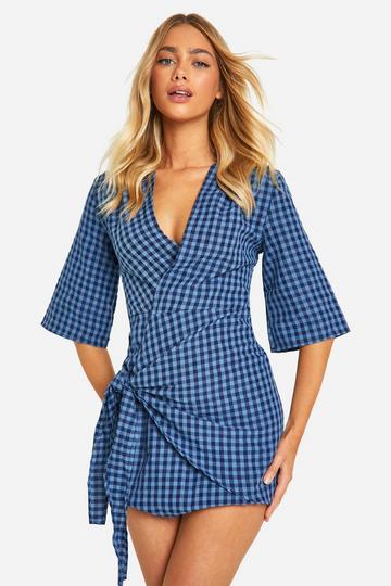 Textured Gingham Wrap Dress blue