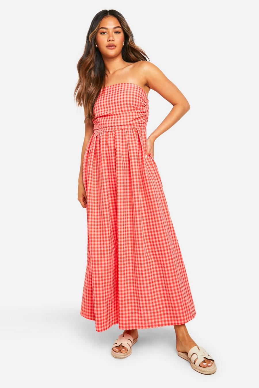 Pink Gingham Ruched Bandeau Midaxi Dress
