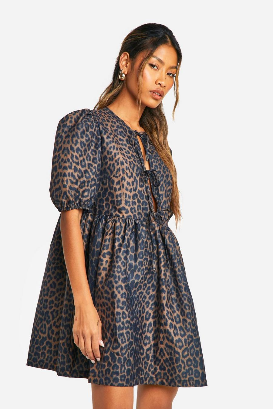Brown Leopard Tie Front Mini Dress