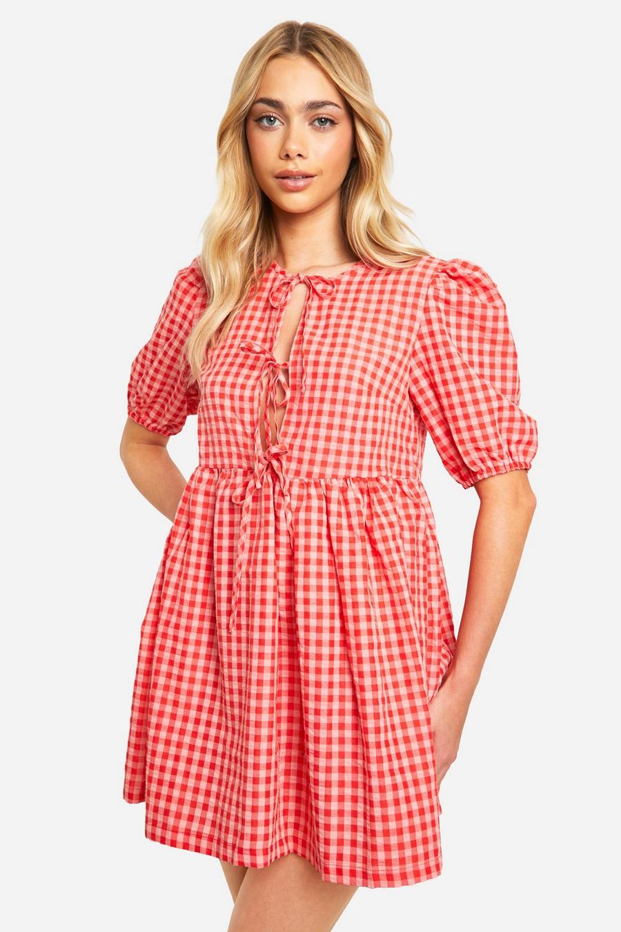 Pink Gingham Tie Front Mini Dress image number 1