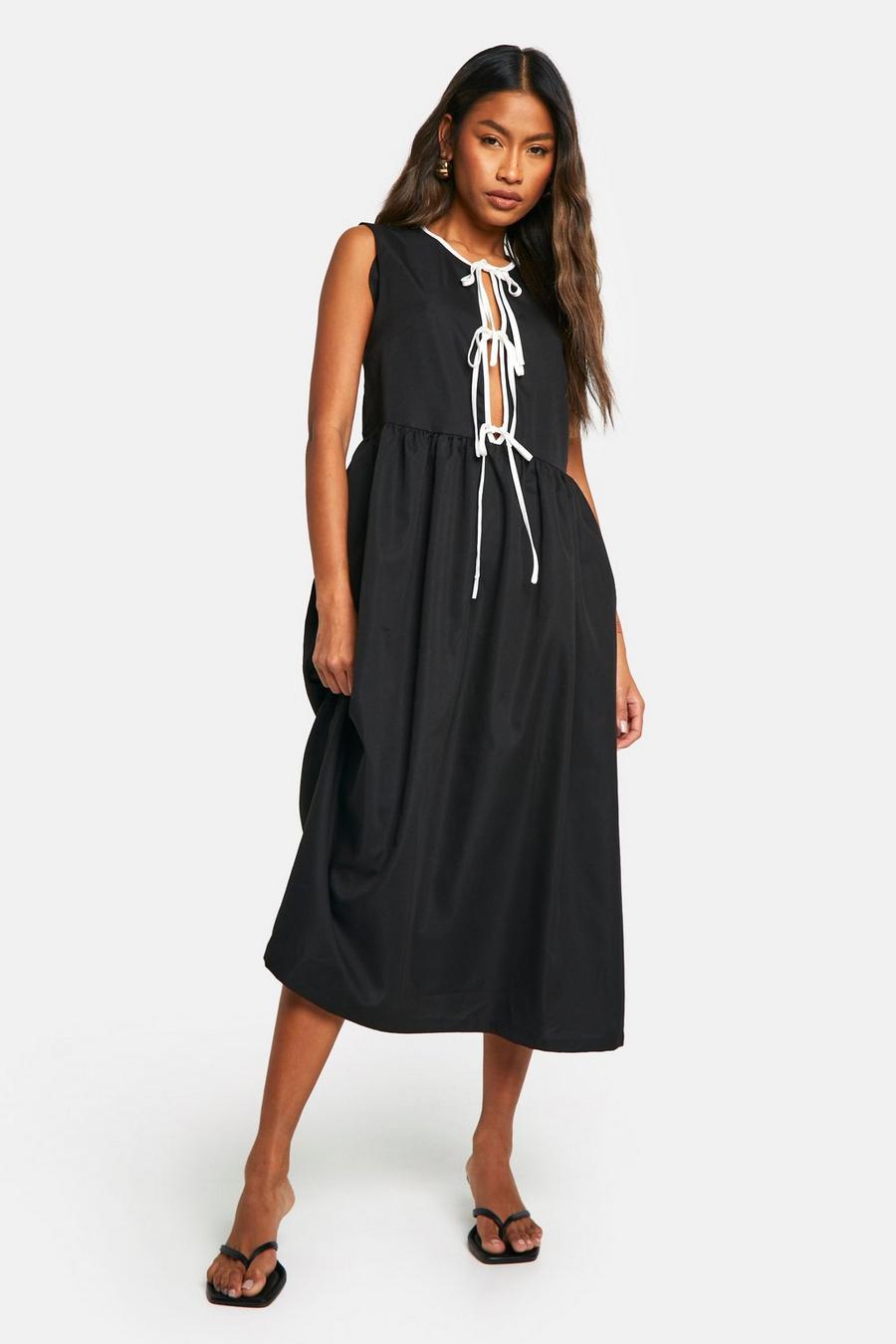 Black Contrast Tie Front Woven Midi Dress
