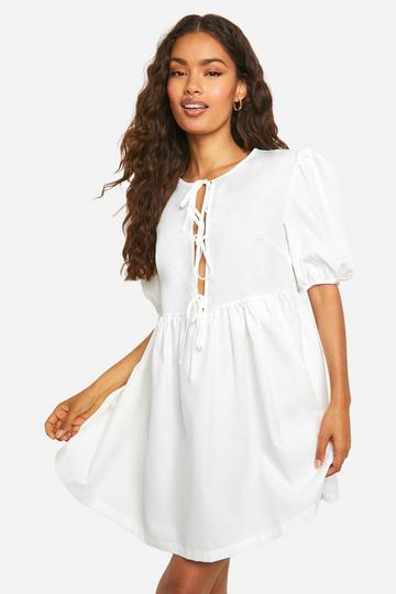 Tie Front Woven Puff Sleeve Mini Dress white