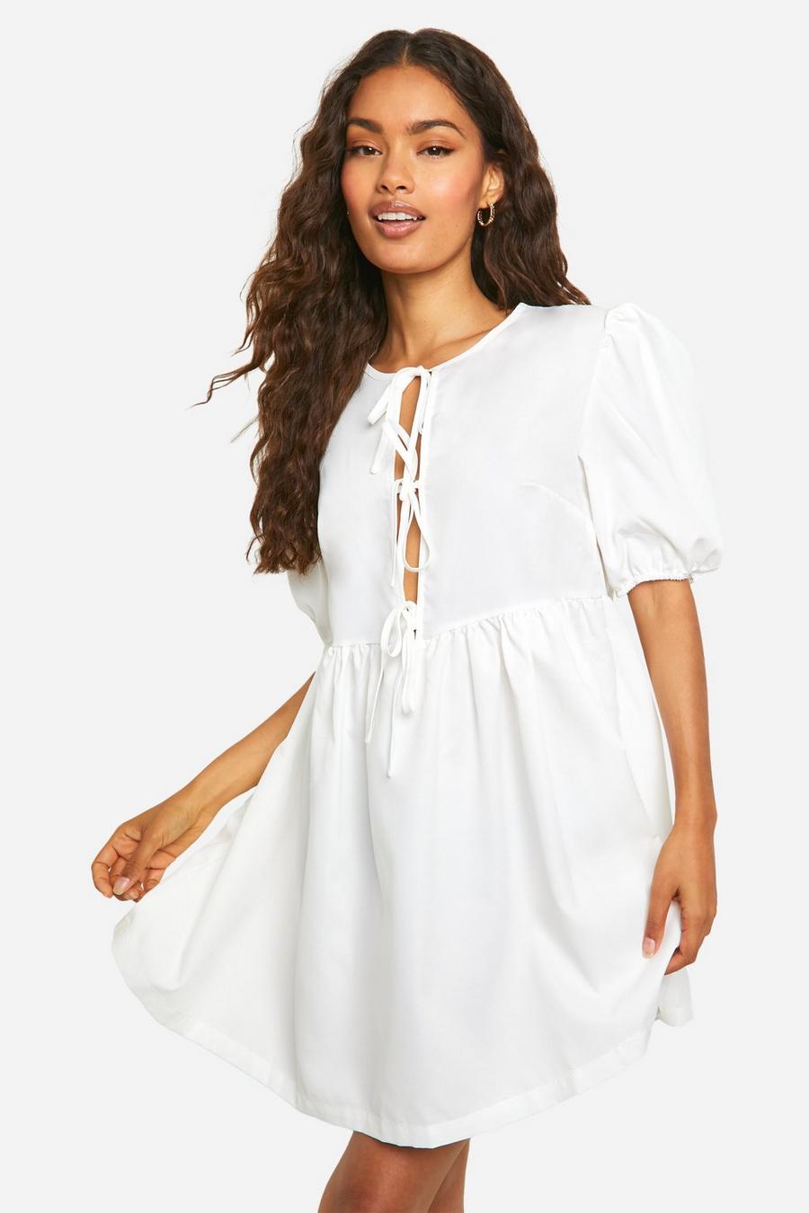 White Tie Front Woven Puff Sleeve Mini Dress image number 1
