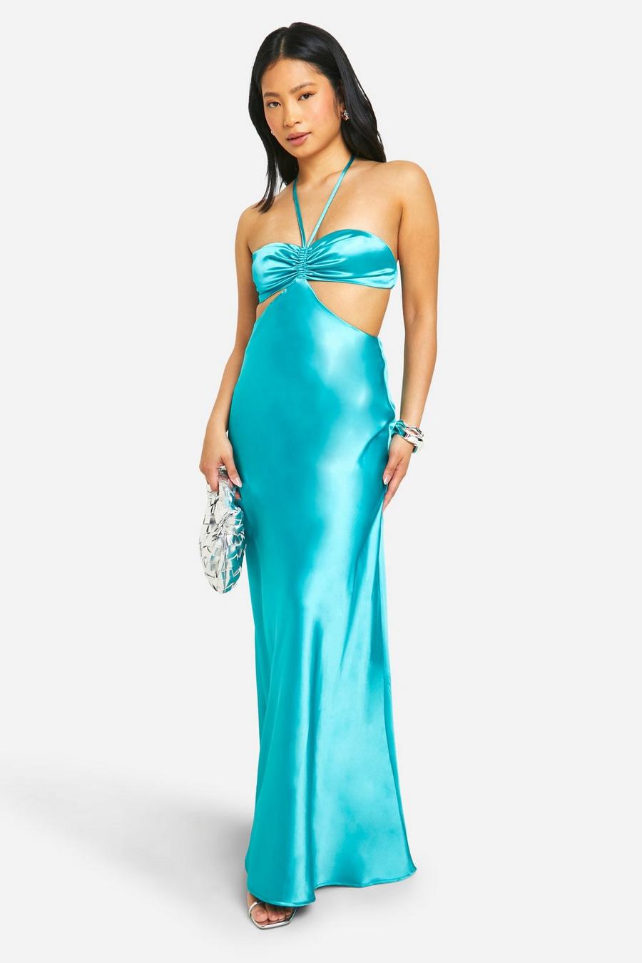 Turquoise Petite Satin Bandeau Cut Out Maxi Dress image number 1
