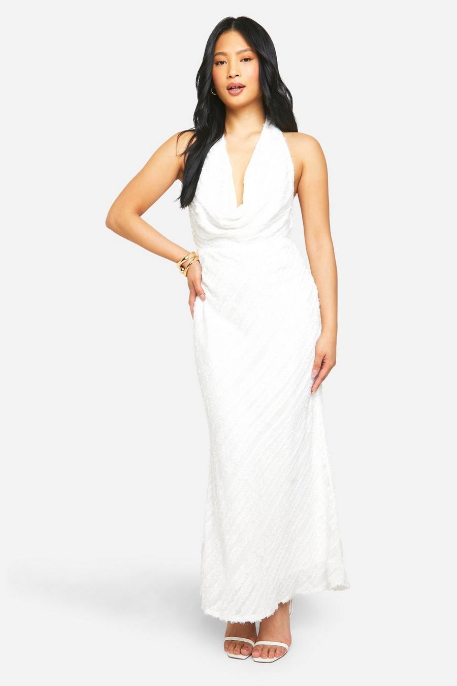 White Petite Cowl Textured Maxi Dress image number 1