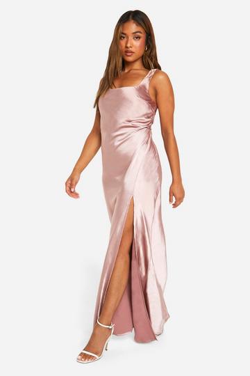 Mink Beige Petite Bridesmaid Satin Square Neck Maxi Dress