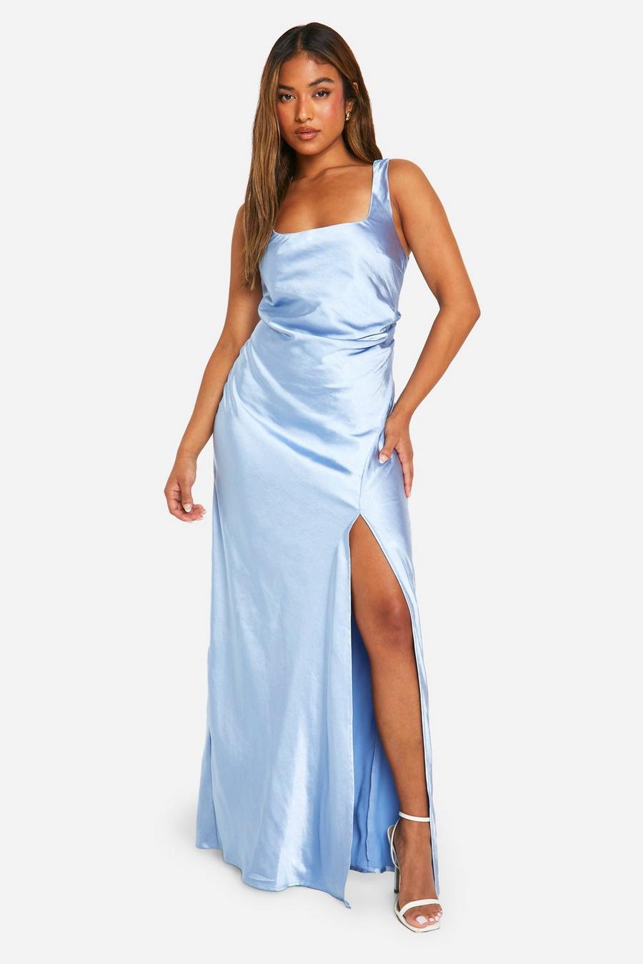 Blue Petite Bridesmaid Satin Square Neck Maxi Dress image number 1
