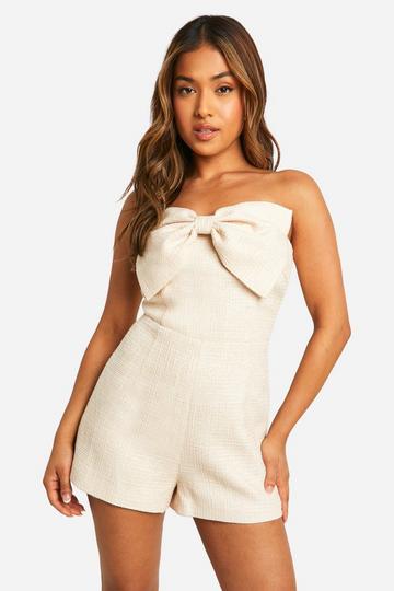 Stone Beige Petite Boucle Tailored Bow Detail Playsuit