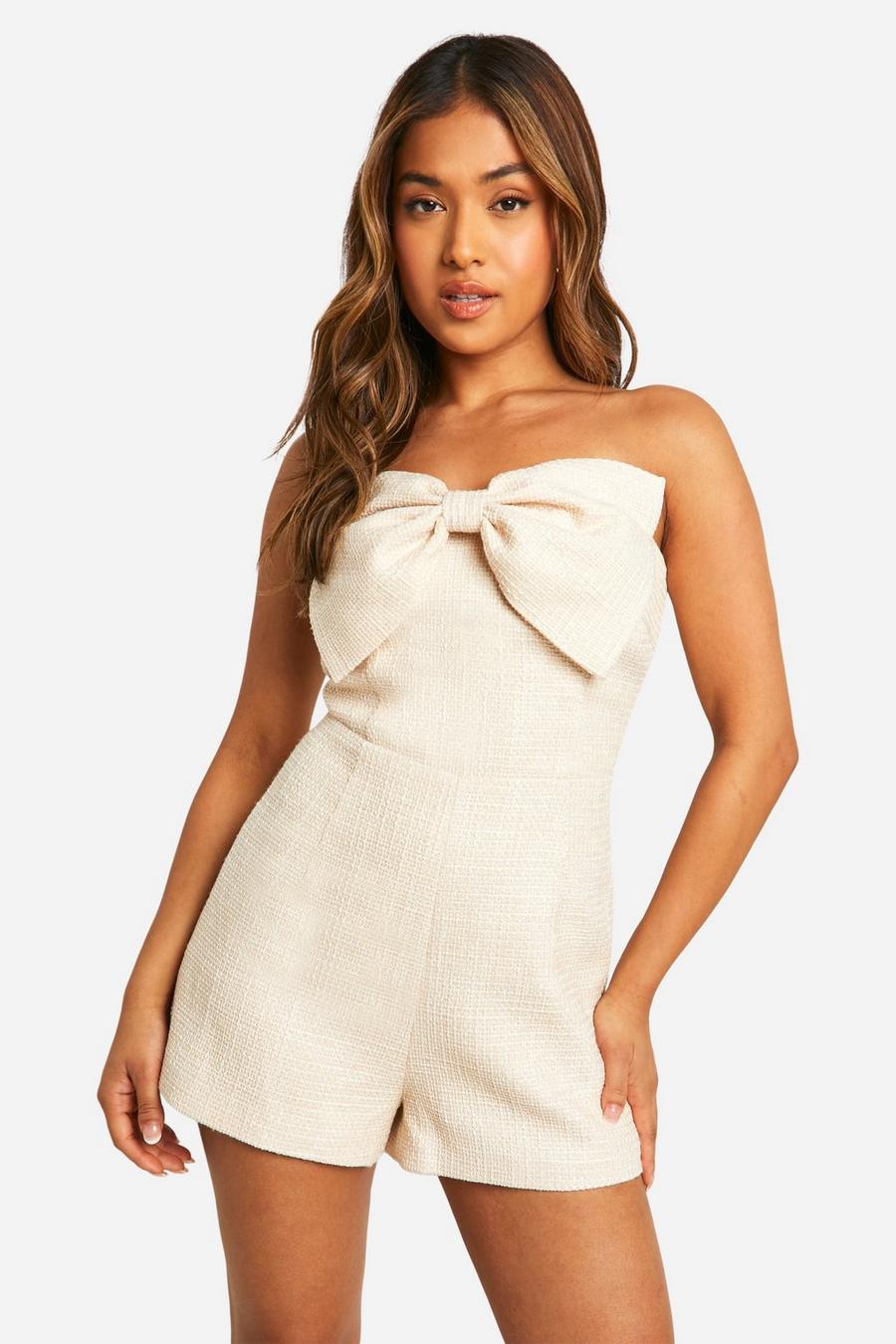 Stone Petite Boucle Tailored Bow Detail Playsuit