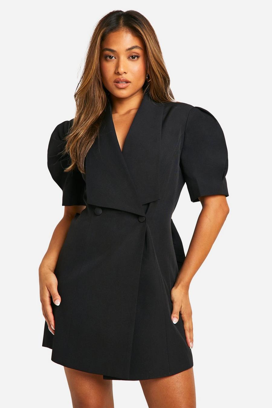 Black Petite Bow Detail Puff Sleeve Blazer Dress image number 1