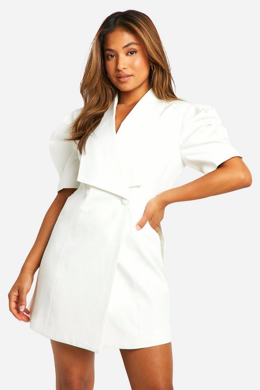 White Petite Bow Detail Puff Sleeve Blazer Dress image number 1