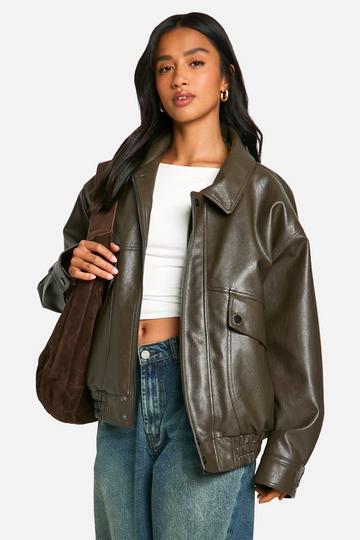 Petite Teddy Lined Faux Leather Oversized Bomber Jacket brown