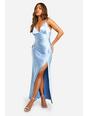 Blue Petite Bridesmaid Satin Strappy Maxi Dress 