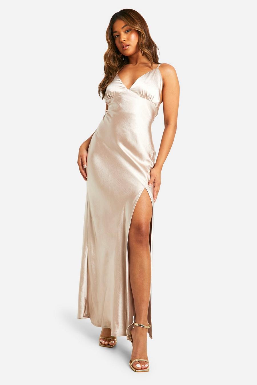 Oyster Petite Bridesmaid Satin Strappy Maxi Dress image number 1