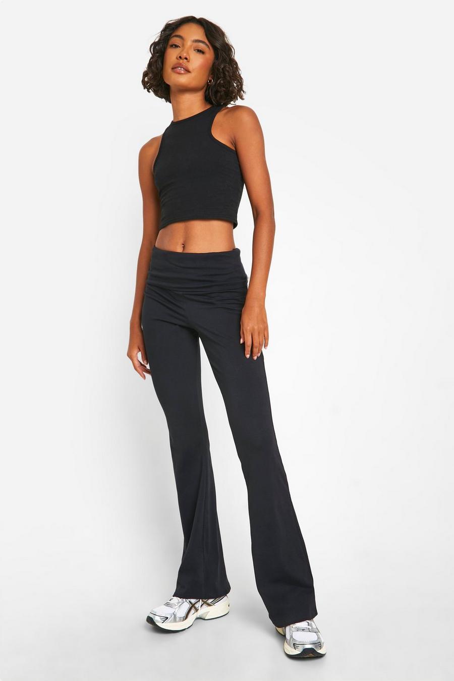 Black Tall Cotton Elastane Fold Over Waist Flared Trousers  image number 1