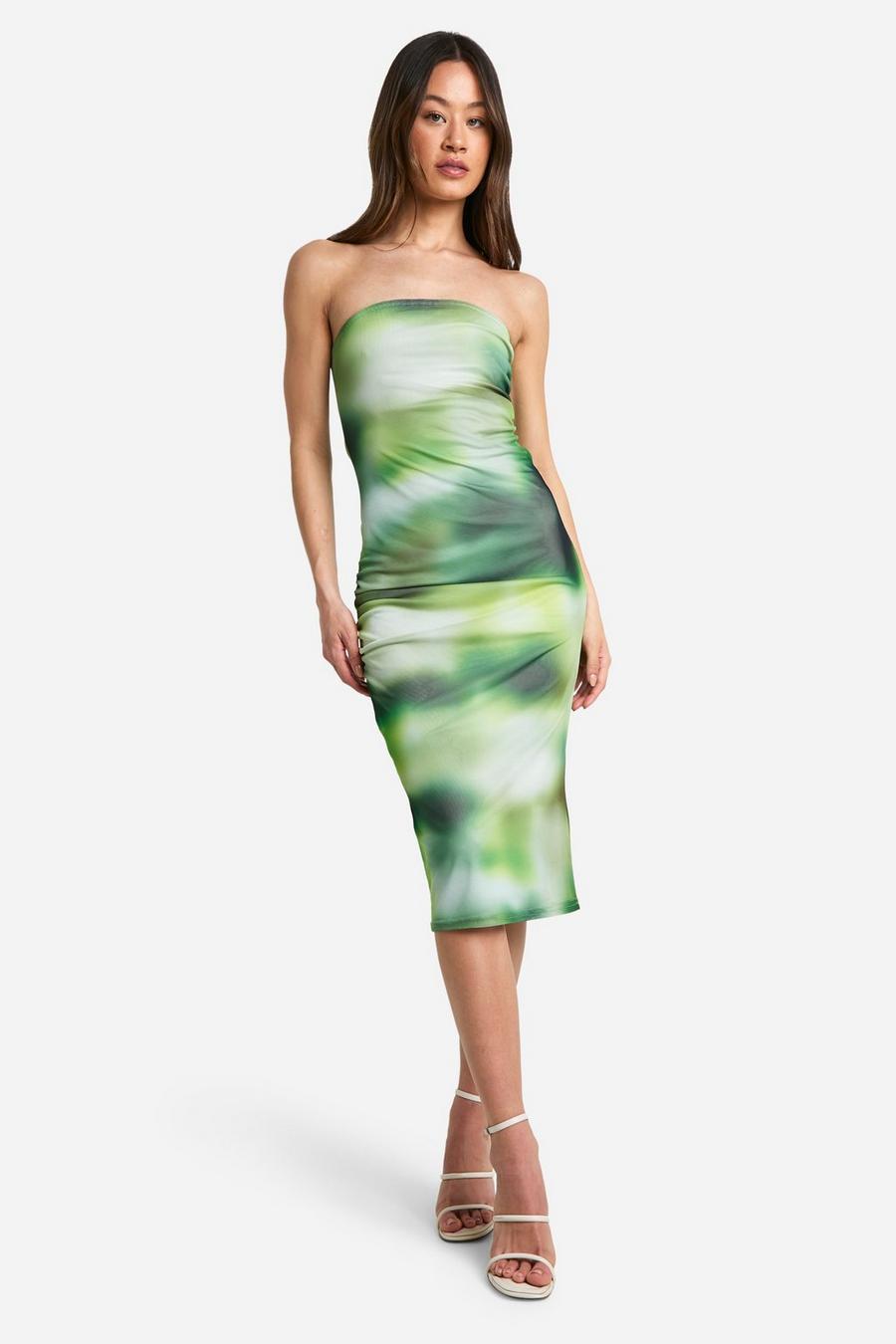 Green Tall Abstract Mesh Ruched Bandaeu Midaxi Dress
