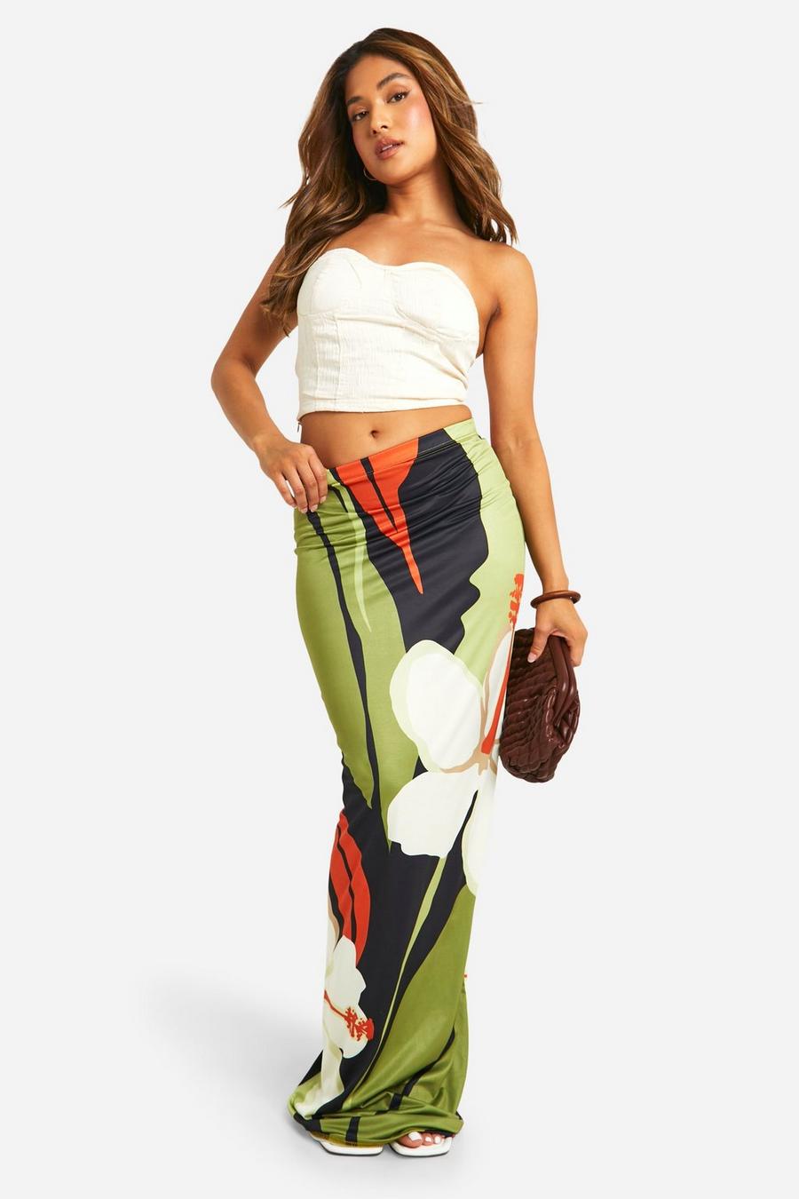 Green Tall Abstract Printed Slinky Maxi Skirt 