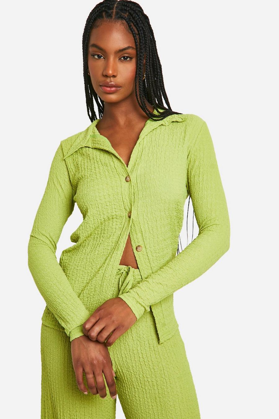 Lime Tall Textured Crinkle Button Shirt  image number 1