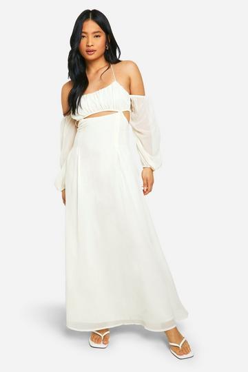 Ivory White Petite Cut Out Detail Chiffon Maxi Dress