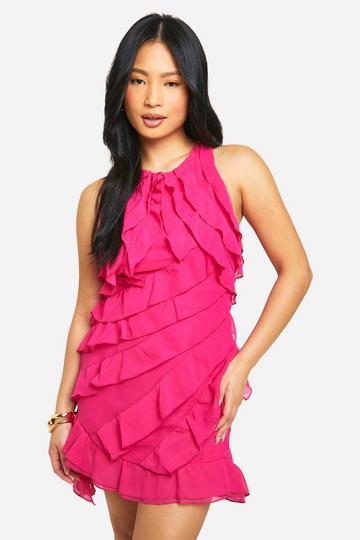 Petite Chiffon Ruffle Micro Mini Dress hot pink