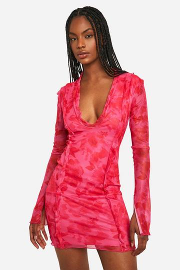 Tall Floral Mesh Frill Mini Dress pink