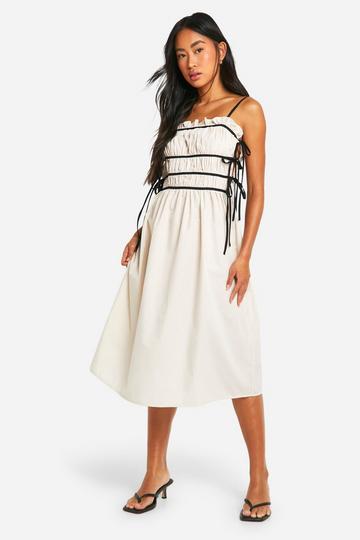 Contrast Shirred Waist Midi Dress cream