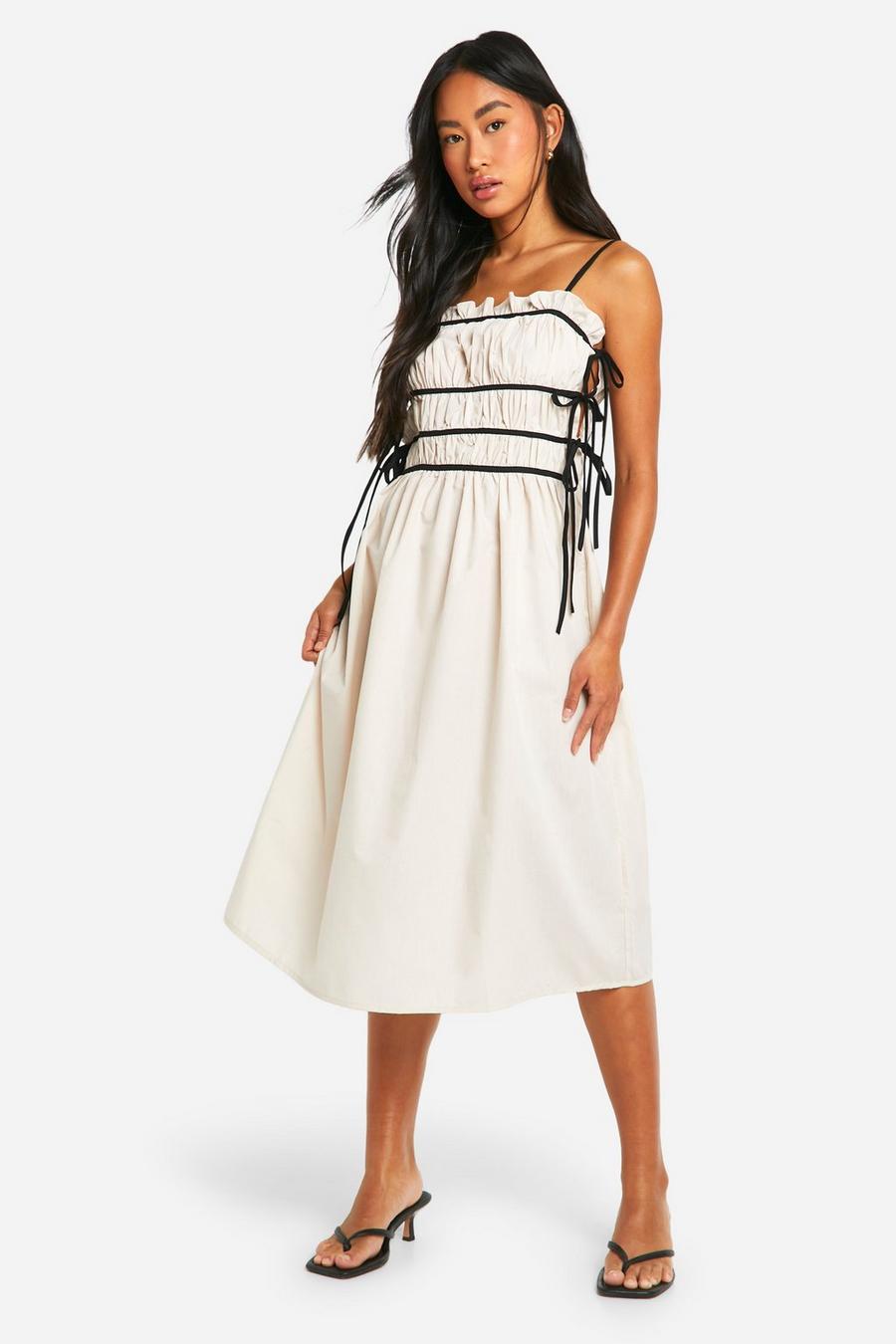 Cream Contrast Shirred Waist Midi Dress image number 1