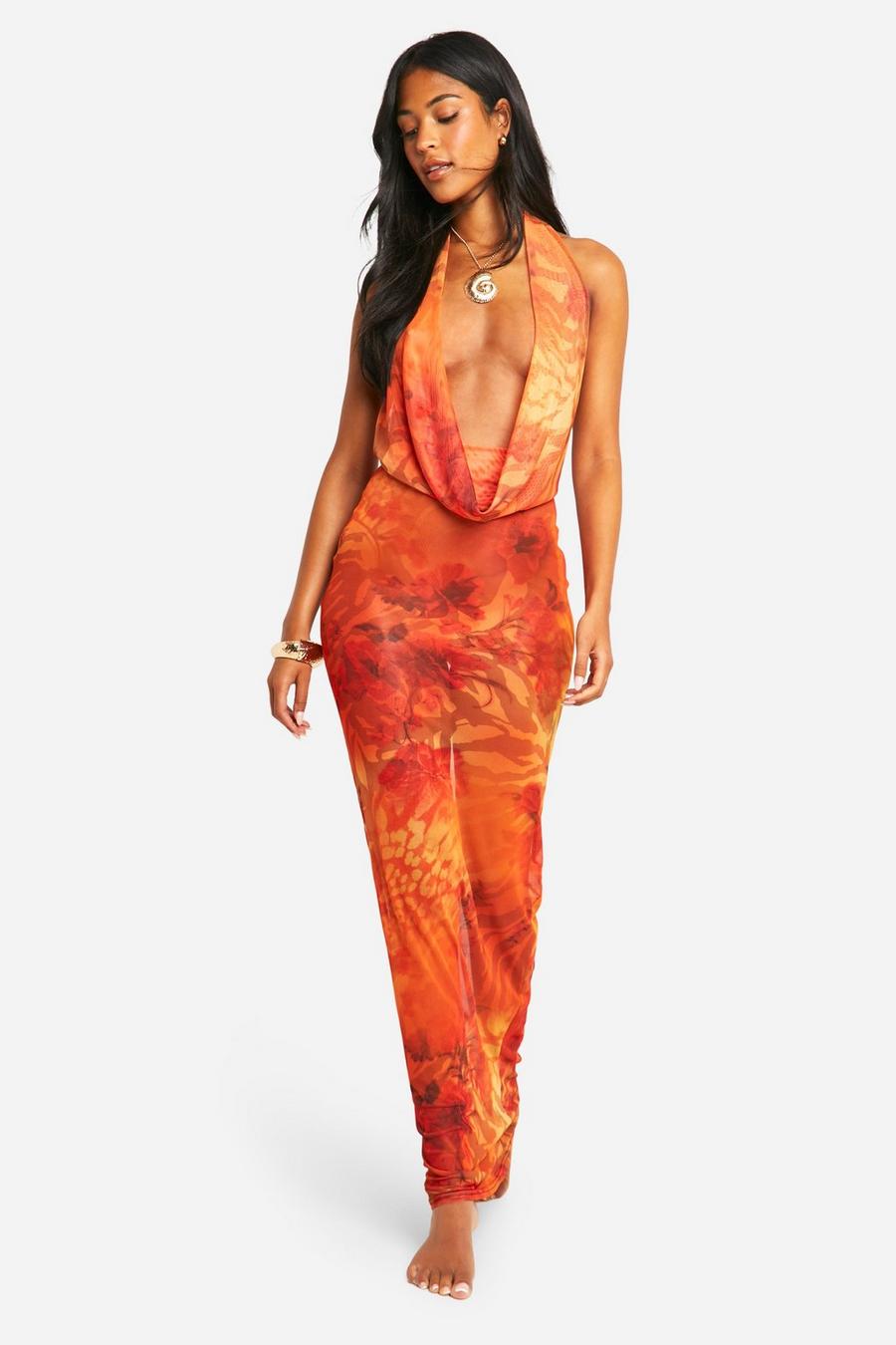 Orange Tall Abstract Mesh Cowl Neck Maxi Beach Dress image number 1
