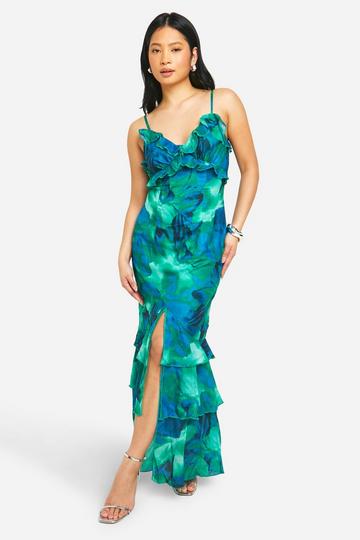 Petite Abstract Floral Ruffle Maxi Dress green
