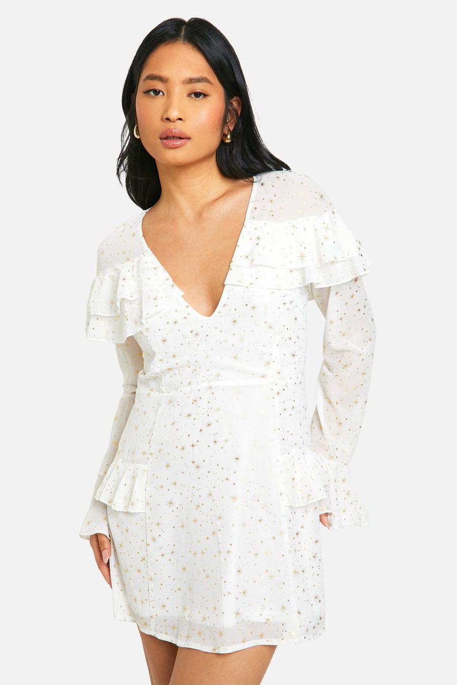 White Petite Star Ruffle Detail Plunge Mini Dress