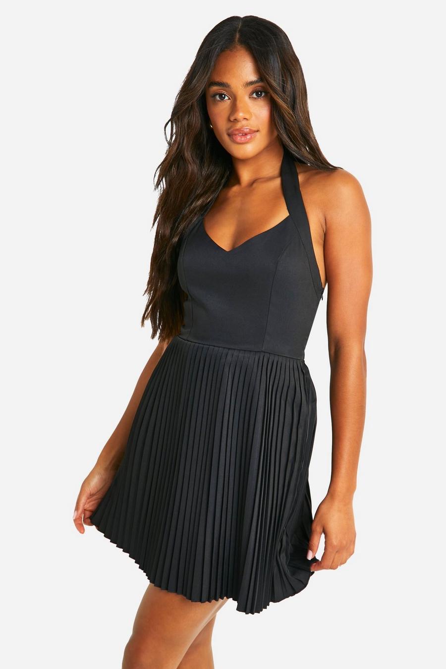 Black Pleated Skirt Halterneck Mini Dress