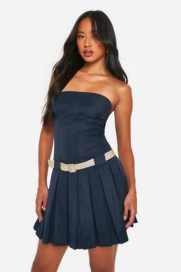 Navy Contrast Belt Bandeau Pleated Mini Dress