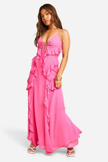 Petite Strappy Cut Out Ruffle Front Maxi Dress pink
