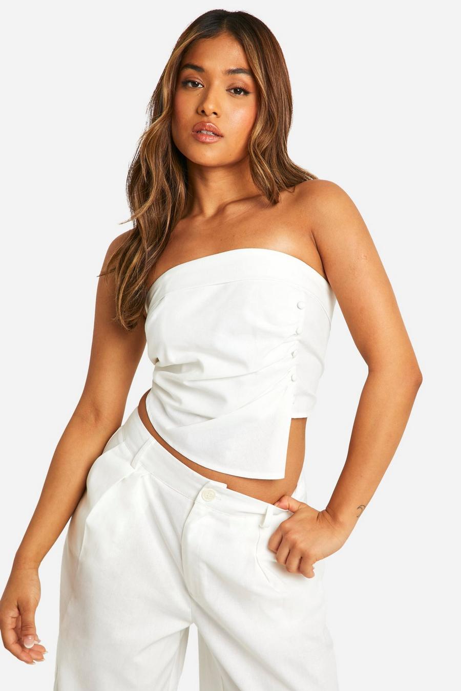 White Petite Tailored Bandeau Linen Look Top  image number 1