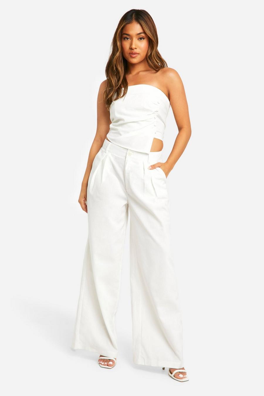 White Petite Linen Look Tailored Wide Leg Pants image number 1