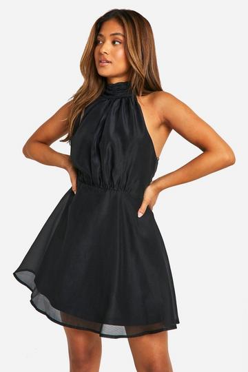 Black Petite Organza Bow Tie Back Skater Dress