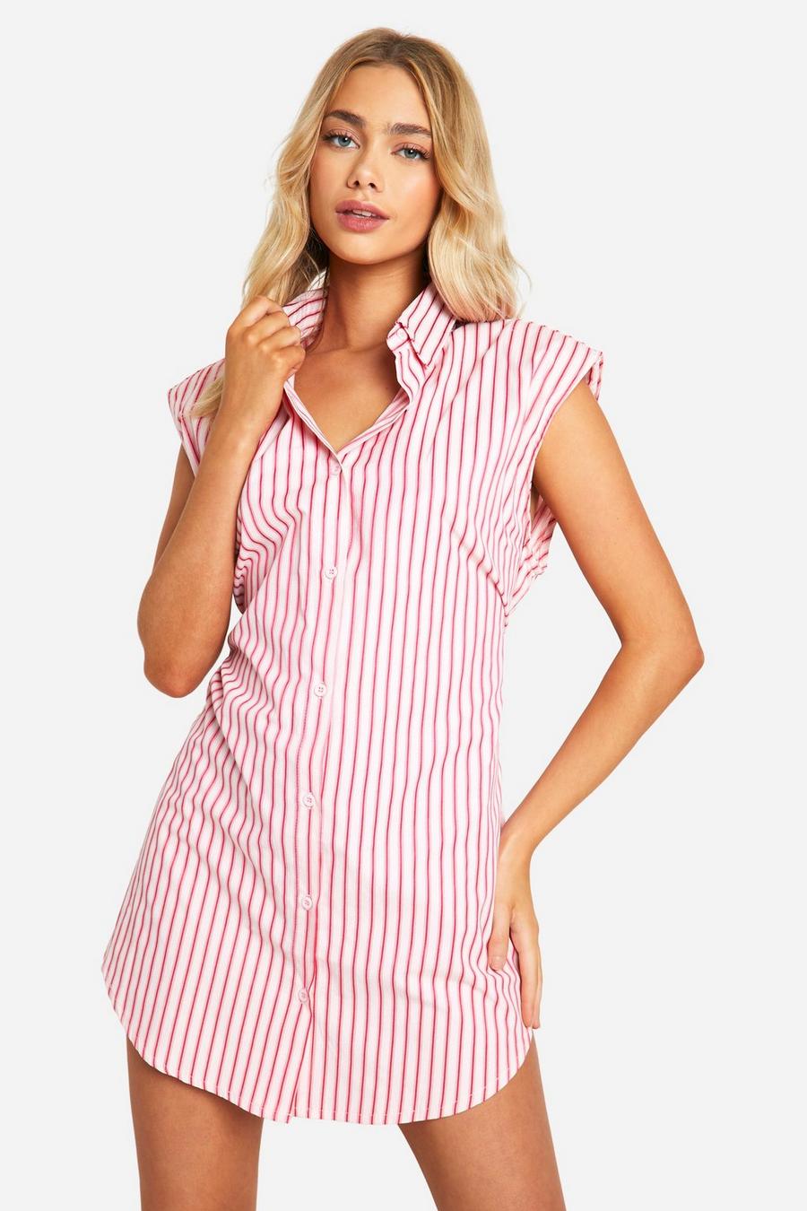 Pink Sleeveless Stripe Shoulder Pad Dress