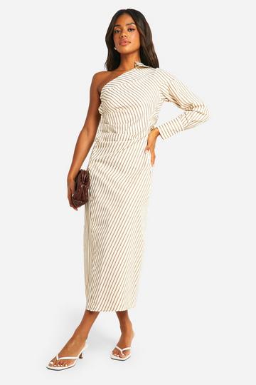 Stripe Asymmetric Shirt Midi Dress brown